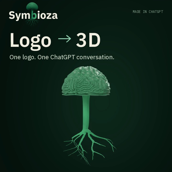 The 2D Symbioza logo: a green mushroom with a brain-like cap and roots
